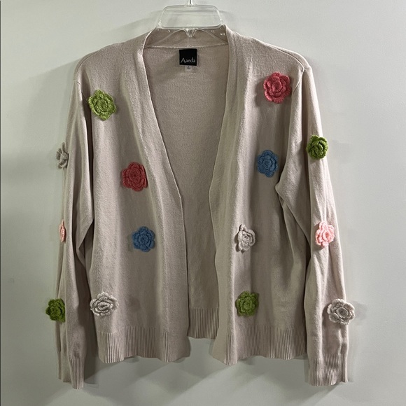 AAEDA Cottage Multi Color Crochet Flower Applique Open Front Lt Beige Cardigan L - Picture 4 of 16